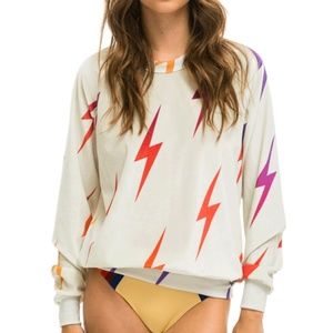 NWT Aviator Nation Velvet Bolt Repeat Crew Sweatshirt - Vintage White